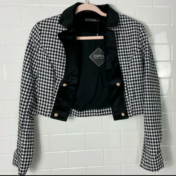 🛍2/30$🌷ZAFUL Black/White Checked Cropped Blazer - Picture 2 of 3